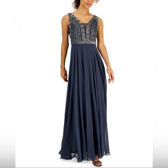 NWT J Kara Women's Beaded Illusion-V-Neck Gown Dress Size 12 Style 5578GR - Picture 1 of 16
